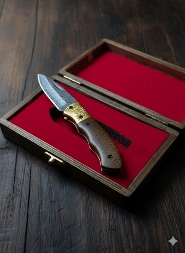 Custom’s Handmade Folding Knife – Feather Pattern Damascus Blade 🪶🔥