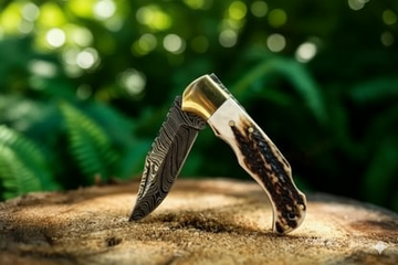 Custom’s Handmade Deer Antler Folding Knife – Damascus Steel Blade 🦌🔥