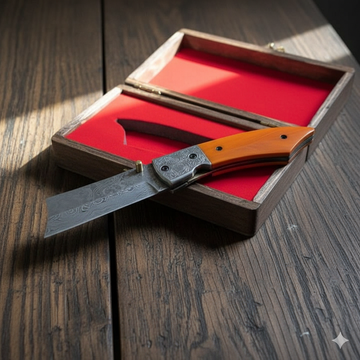 Custom’s Handmade Folding Knife – Feather Pattern Damascus Blade 🪶🔥