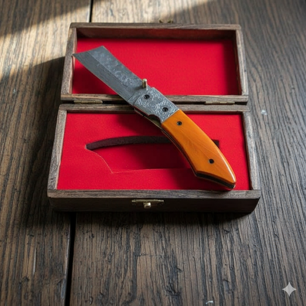Custom’s Handmade Folding Knife – Feather Pattern Damascus Blade 🪶🔥