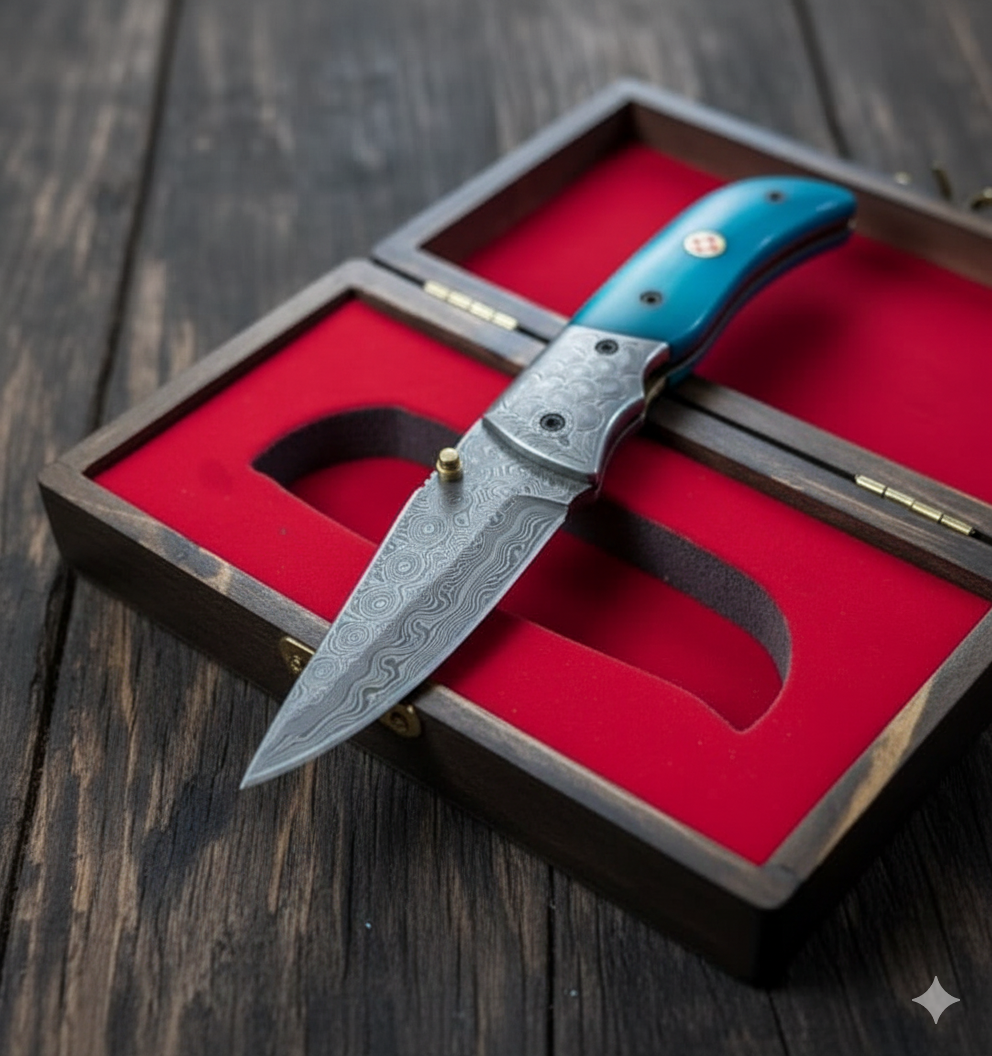 Custom’s Handmade Folding Knife – Feather Pattern Damascus Blade 🪶🔥