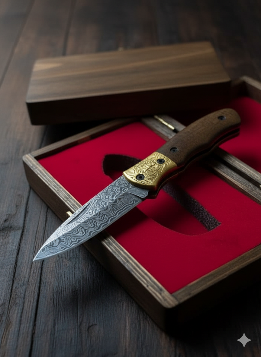Custom’s Handmade Folding Knife – Feather Pattern Damascus Blade 🪶🔥