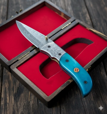 Custom’s Handmade Folding Knife – Feather Pattern Damascus Blade 🪶🔥