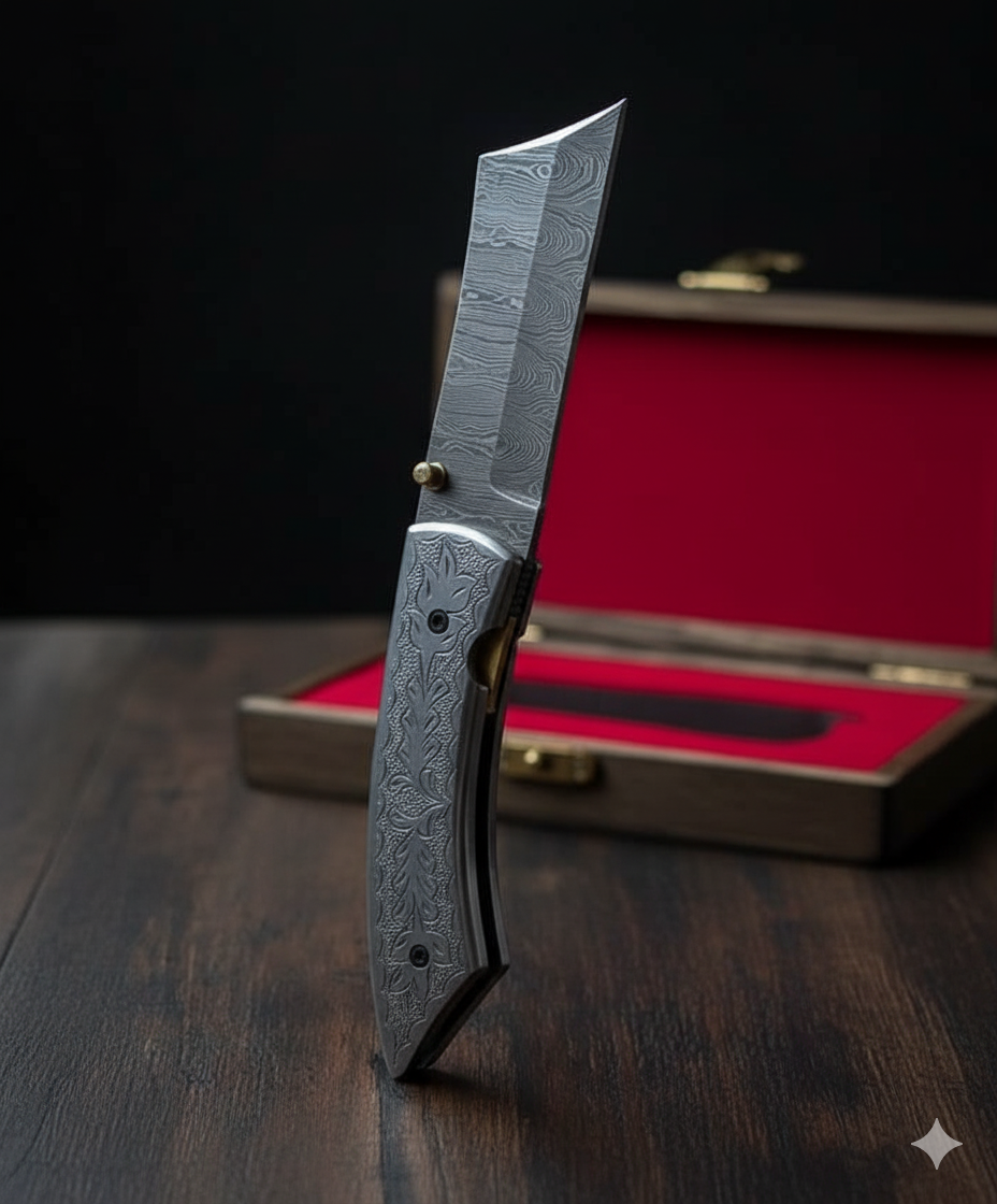 Custom’s Handmade Folding Knife – Feather Pattern Damascus Blade 🪶🔥