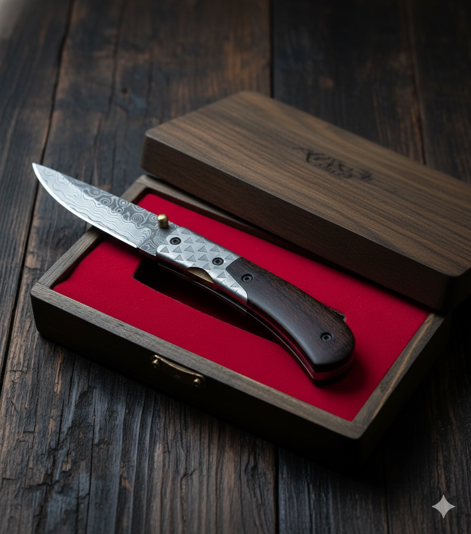 Custom’s Handmade Folding Knife – Feather Pattern Damascus Blade 🪶🔥